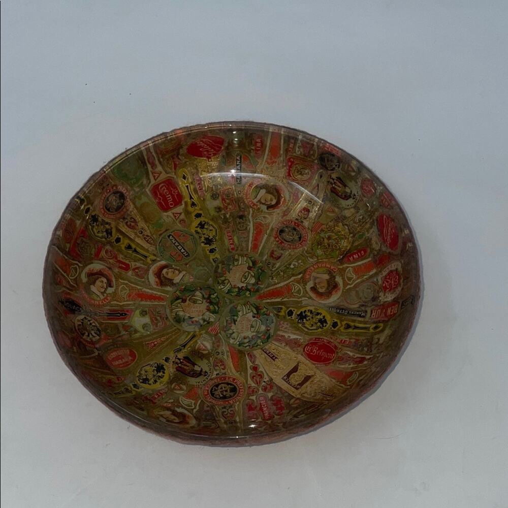 Antique 1920's Cigar Band Folk Art Bowl